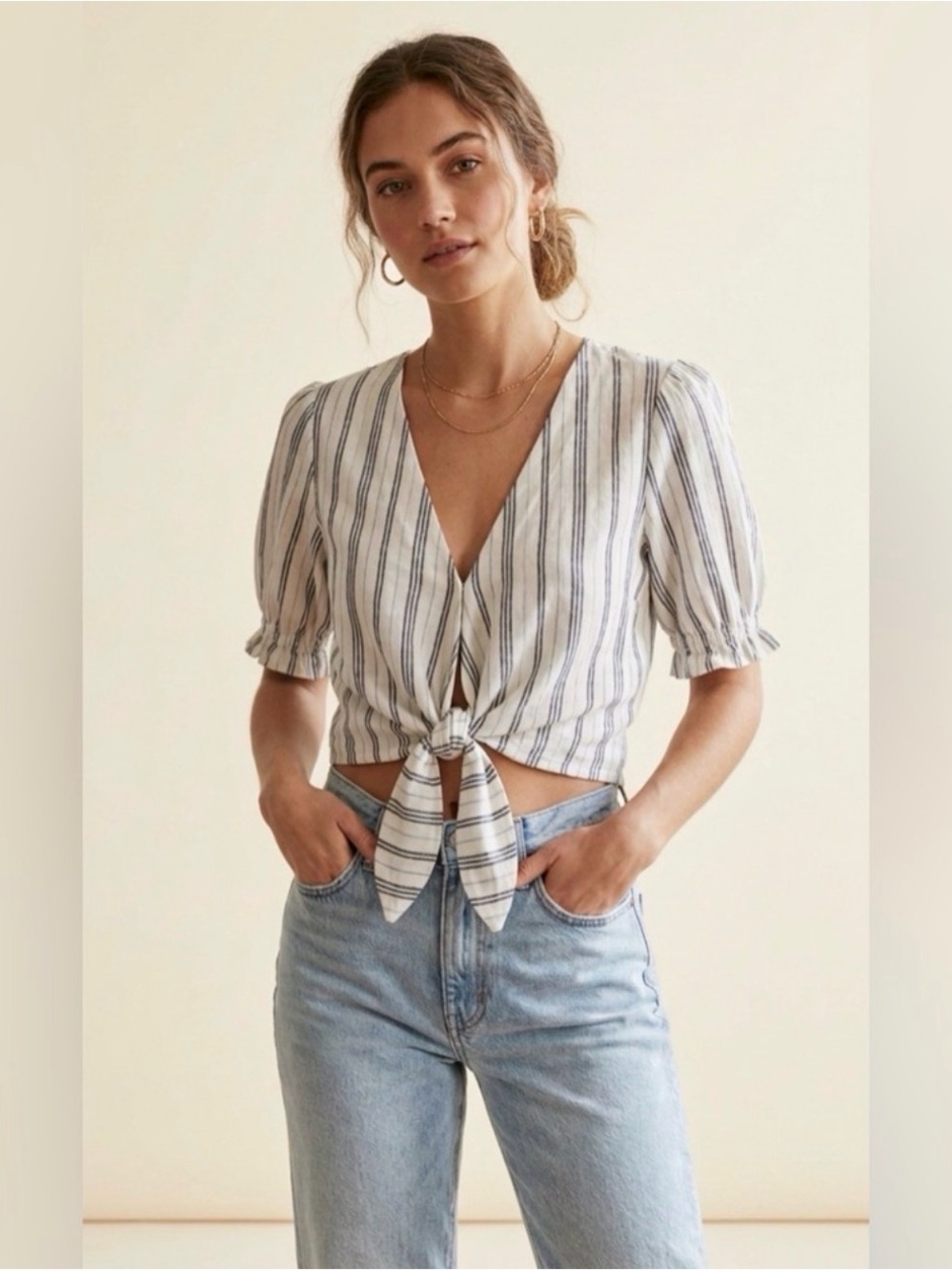 Abercrombie & Fitch NWOT Linen Blend Striped Tie-Front V-Neck Crop Top